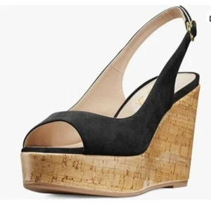 FOWT Women Peep Toe Slingback Platform Wedge Sandals High Heel Buckle Black - Picture 1 of 7