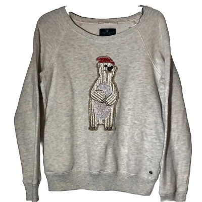 American Eagle Polar Bear Sweatshirt Women Sz M Beads Sequins Winter Xmas Snow - Image 1 of 4