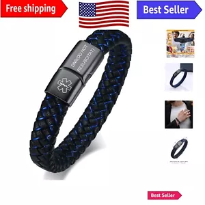 Premium Blue Leather Medical ID Bracelet for Men - Engraving Available - Picture 1 of 9