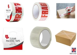 Strong Packing Tape CLEAR FRAGILE Printed Parcel Tape Rolls Sealing Box 50m UK - Picture 1 of 11