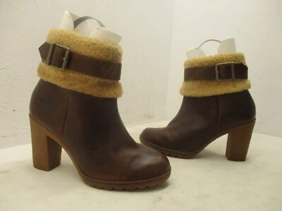 Timberland Brown Leather Zip Faux Fur Trim High Heel Ankle Boots Womens Size 7.5 - Image 1 of 4