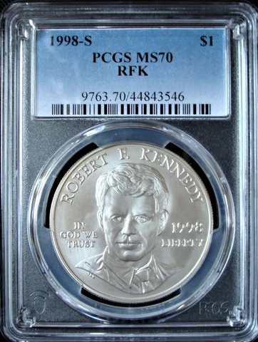 1998-S 1$ Robert Kennedy Commemorative Silver Dollar PCGS MS70 Top Pop Rare R4 Cover