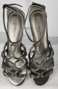 Liz Claiborne Sachi Gunmetal Silver Leather Upper Sandals 2 inch Heel Size 9M - Picture 1 of 11