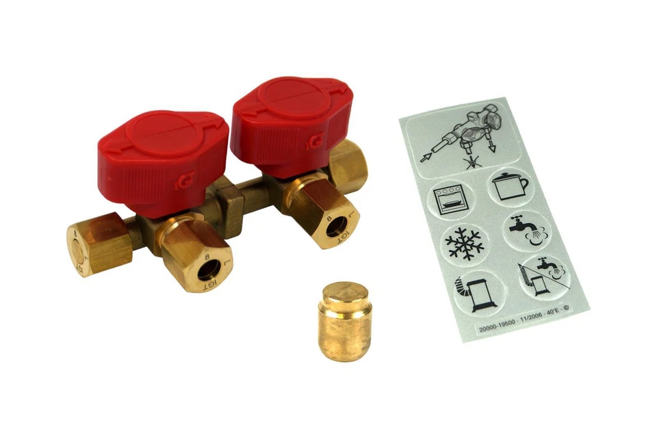 2 Way Manifold Block Gas Pipe 8mm Quick Release Valve Stopcock + Sticker - Image 1 of 1