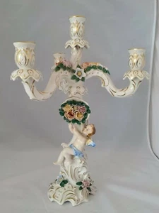 Vintage Crown LR Dresden Art Porcelain Angel Flowers 4 Stick Candelabra 11x15.5 - Picture 1 of 12