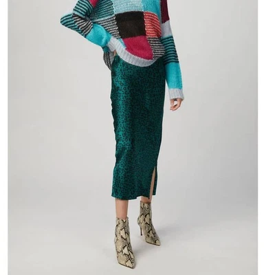 Falda Cami NYC Jessica Estampado Leopardo Esmeralda 100% Seda Midi Corte Sesgado Talla S Foto 1 de 4