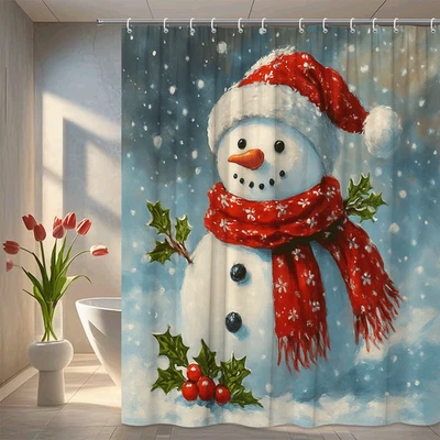Cortina de ducha muñeco de nieve de Navidad - Decoración navideña para baño Foto 1 de 4