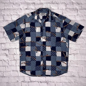 Vintage Gala Multicoloured 80s 90s Checkered Polyester Short Sleeve Shirt 41-42 - Picture 1 of 4