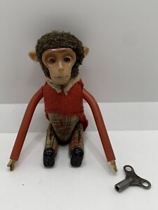 4.5" Antique German Schuco Windup Monkey Tumbling Brown Mohair Works w/Key 