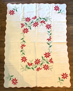 Handgekreuzte Weihnachtsstern Weihnachten Tischdecke ~ 49" x 64" ~ rot gewellter Saum - Bild 1 von 5