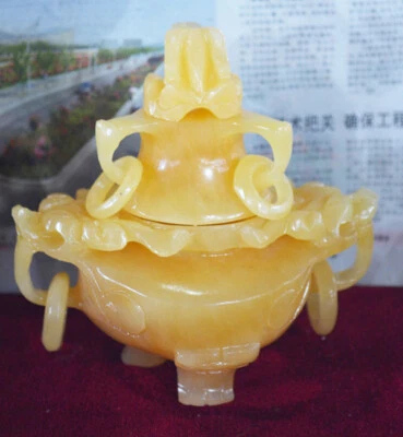 Anillo de oreja de dragón doble tallado jade amarillo chino incensario quemador de incienso de 3 pies Foto 1 de 4