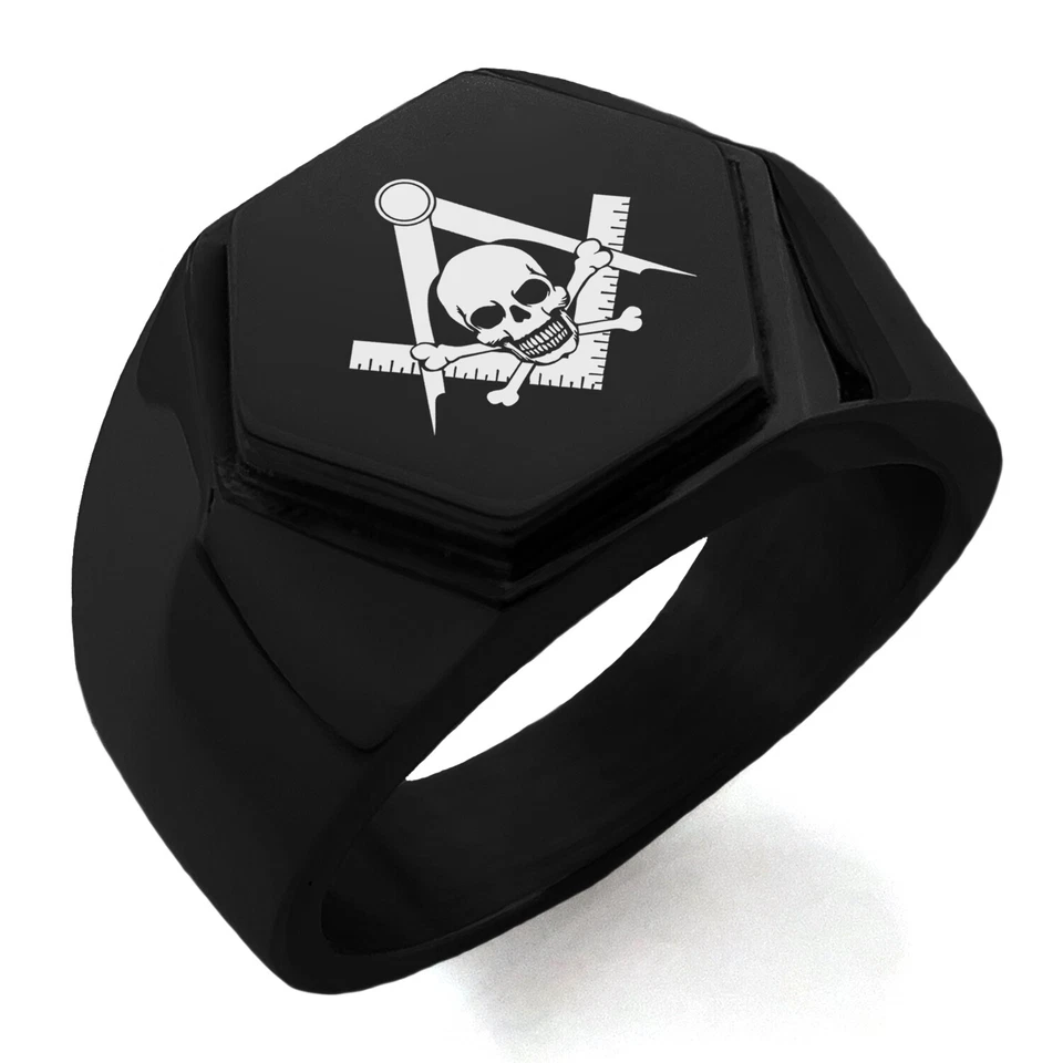 Anillo de sello con escudo hexagonal símbolo de calavera y huesos cruzados masónicos de acero inoxidable para hombre Foto 1 de 1