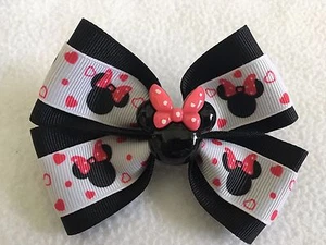 Girls Hair Bow 4" Wide Minnie Mouse Pink Hearts Black Ribbon Alligator Clip - Picture 1 of 2