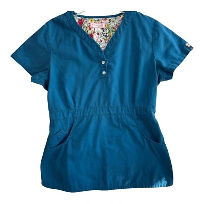 Koi Size L Scrub Top Solid Blue Has Pockets Medical Nurse - Image 1 of 4