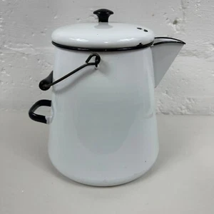 White Black Enamelware Enamel ware Coffee Tea Pot 10" Tall Lid Looks Great - Picture 1 of 9