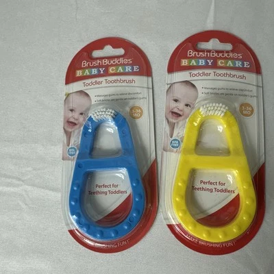 Cepillo de dientes Brush Buddies Baby Care para niños pequeños, paquete de 2 (azul y amarillo), sin BPA Foto 1 de 2