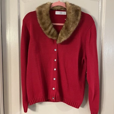 Cárdigan rojo vintage Marisa Christina con cuello desmontable de piel sintética nuevo $118 XL Foto 1 de 4