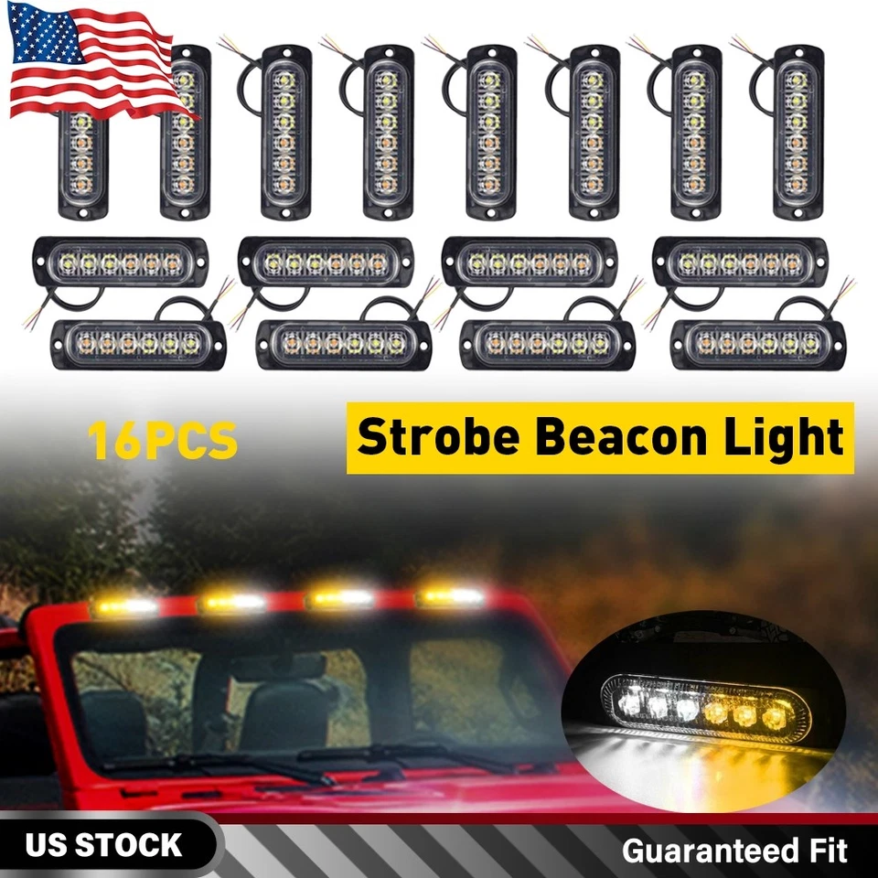 16PCS 6 LED Strobe Light Amber/White Warning Lights For Trucks Trailers & Towing - Image 1 of 4