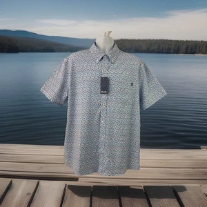 Huk Kona Printed Short Sleeve Men's Button-Down Shirt Ocean Blue 2 Size X-Large - Picture 1 of 8