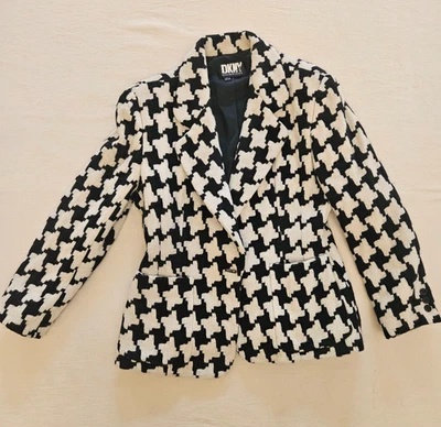 Blazer DKNY Mujer Años 90 Tweed Lana Talla M Negro+Blanco Bolsillos Ajustados Forrados De Colección Foto 1 de 4
