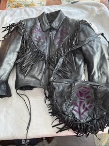 Vintage 80s black leather women’s motorcycle jacket with matching pocketbook - Picture 1 of 18