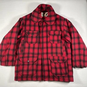 Vintage Woolrich Jacket Mens 44 Red Black Plaid Wool Hunting Mackinaw USA 70s - Picture 1 of 23