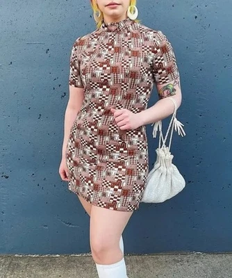 VTG 60s 70s Brown White Tapestry Mini Short Dress Jacket Boho Mod GoGo Groovy - Image 1 of 4