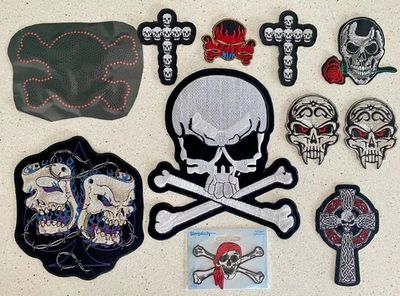 11 Piece Lot Mixed Skull Iron-On Embroidered Patches Applique Biker Cross Bones - Image 1 of 4