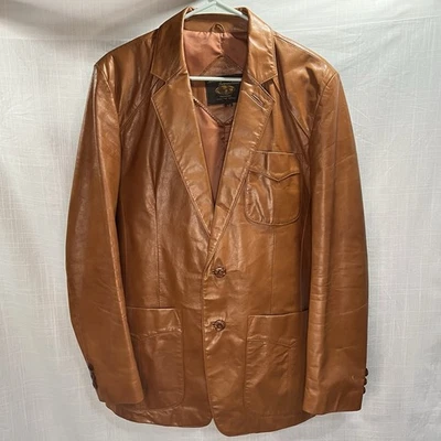 Винтажный мужской натуральной кожи Blazer куртка коньяк коричневый 80-х Sz 40 корейский сделано - Изображение 1 из 4