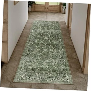 2x6 Washable Runner Rug Vintage Distressed Hallway Kitchen Non 2'x6' Dark Green - Picture 1 of 7