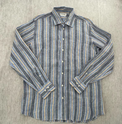 Raphael Positano Shirt Adult Medium Blue Stripe Linen Long Sleeve Button Up Mens - Image 1 of 4
