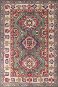 Geometric Green Super Kazak Living Room Rug 6'x10' Wool Handmade Oriental carpet - Picture 1 of 12
