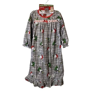 New Girls Peanuts Christmas Flannel Granny Nightgown Pajamas Snoopy Plaid Sz 4 - Picture 1 of 10