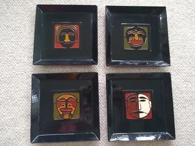 Vintage Set of 4 Japanese Lacquered Square Plates with Kabuki Heads - Image 1 of 4
