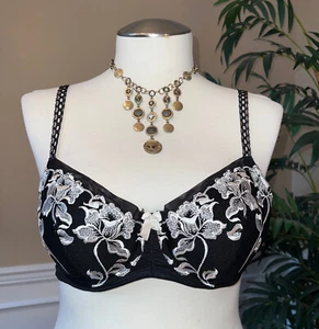 Cacique, White Embroidered Floral Accent on Black Demi Cup Underwire Bra Sz 40C - Picture 1 of 19