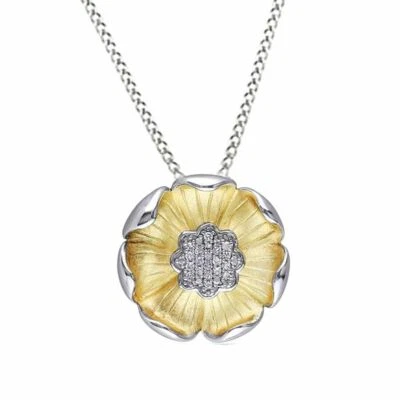 Подвеска в виде цветка с двухцветным золотым акцентом с настоящим бриллиантом 10 карат, 18-дюймовая веревочная цепочка - Изображение 1 из 4