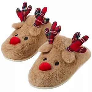 Womens-Mens Christmas Holiday Reindeer Indoor Warm Fleece Slippers - Picture 1 of 12