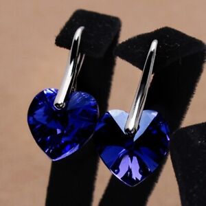 Women's Silver Blue Rhinestone Heart Shape Love Hook Pendant Earrings Gift