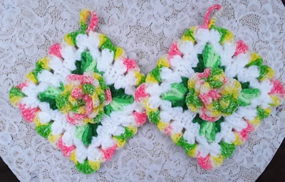 New Handmade Crochet Set 2 Irish Rose Pot Holders Pink Yellow White Green Beads - Image 1 of 2