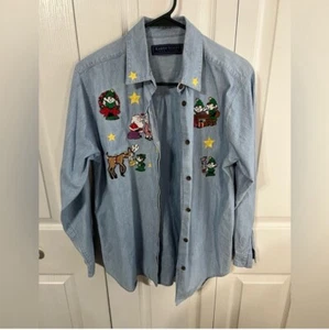 Karen Scott Vintage Christmas Elves Embroidered Denim Button Up Women’s Size M - Picture 1 of 7