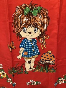 La Tan poop Anime Fabric Panel Little Girl Mushroom Flowers Red Background - Picture 1 of 13