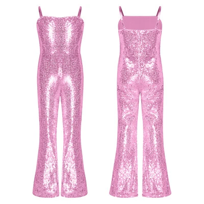 Girls Sparkle Full Sequin Long Jumpsuit Sleeveless Party Romper Playsuit Leotard - Image 1 of 4
