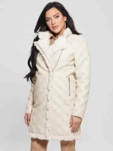 Guess Coat Womens Size Medium Hennie Logo Faux Leather Shearling Zip Cream NWT - Picture 1 of 18