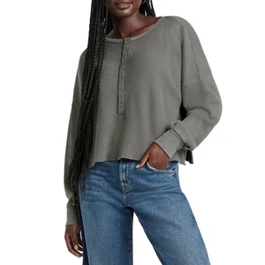 NWT Splendid Alina Waffle Henley Sweatshirt Shirt Top Green Gray Thermal Boxy XL - Picture 1 of 10