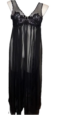 Camisola longa Victoria’s Secret Gold Label vintage preta transparente M chiffon sexy - Imagem 1 de 4