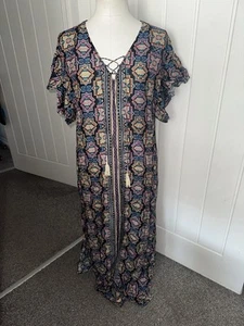 Seafolly Sun Worship Maxi Kaftan size small BNWT Silk Blend Navy Multi - Picture 1 of 12
