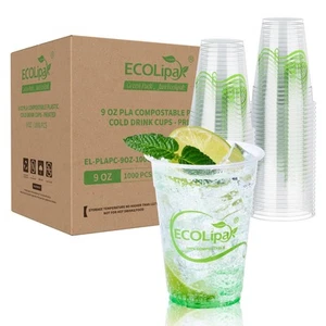 1000 Count 9 OZ Clear Compostable Plastic Cups, Disposable Plant-Based Biodeg... - Picture 1 of 7