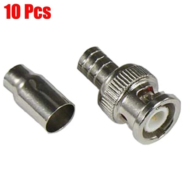 10 Pcs BNC Male Crimp On Connector RG59 Coax Coaxial Cable Adapter CCTV Camera - Image 1 of 1