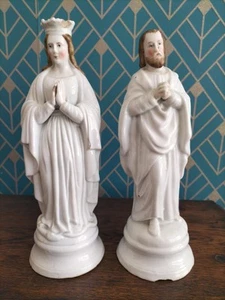 Antique French Vieux Paris Porcelain Virgin Mary &St Joseph Statue Figurine 23cm - Foto 1 di 9