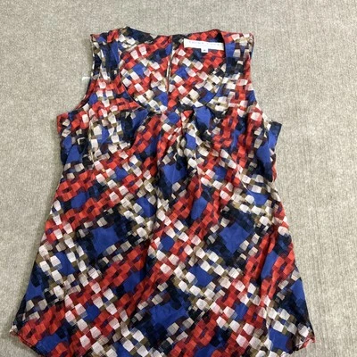 Trina Turk Silk Pleated Sleeveless Shell Top Small USA Red White Blue Geometric - Image 1 of 4